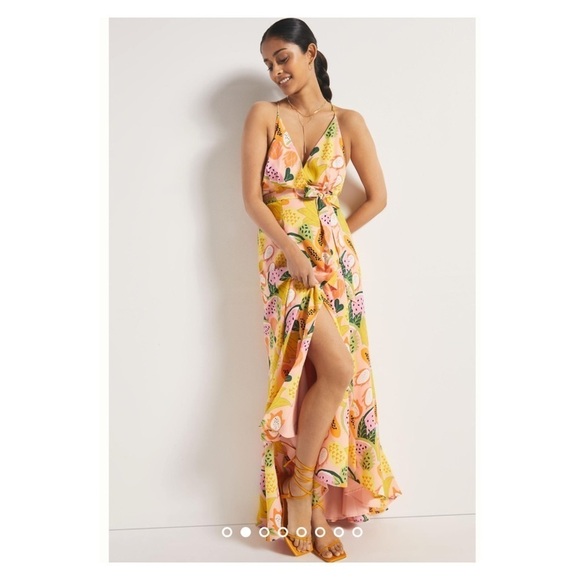 HUTCH x Anthropologie Yellow Fruit Print Hi Low Maxi Wrap Dress XL NWT - Picture 3 of 9